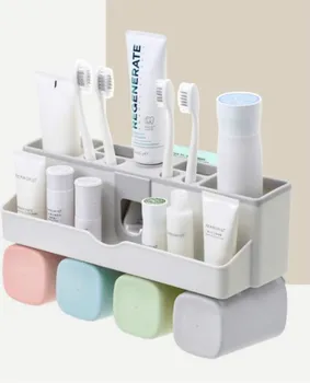 

Toothbrush Holder Set Sucker No Drill Toothpaste Dispenser and Multi-Functional Slots Bathroom Organizer with Water Drainer