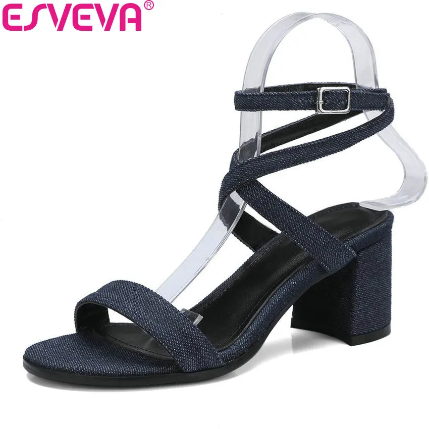 

ESVEVA 2018 Open Toe Women Sandals Buckle Strap Shoes Elegant Cow Leather PU Denim Summer Square High Heels Shoes Size 34-39