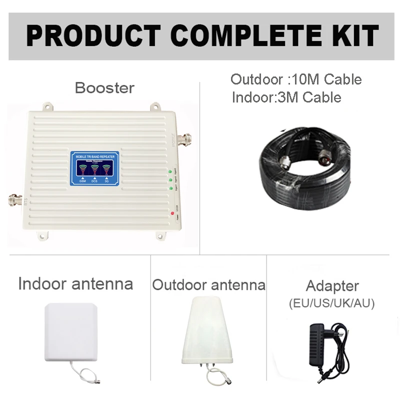 70dB Gain 2g 3g 4g Tri Band Signal Booster 900 1800 2100 GSM WCDMA UMTS LTE Cellular Repeater 90018002100mhz Amplifier kit (5)