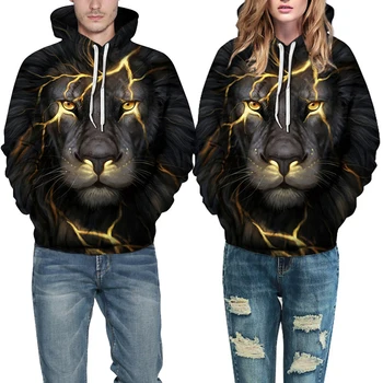

Couple Winter Hoodie Pullover Lightning Lion Head Print Sweatshirt Fashion Top