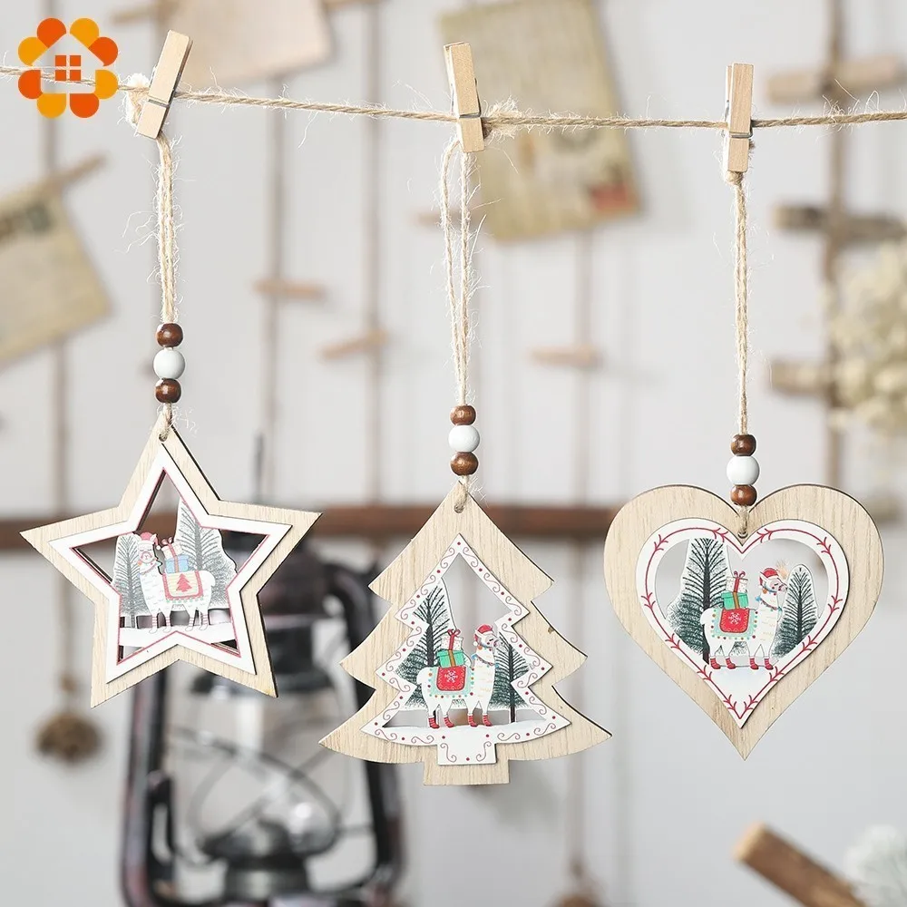 

1PC Star/Heart Type DIY Alpaca Christmas Wooden Pendants Ornaments For Christmas Party Xmas Tree Hanging Kids Gifts Decorations