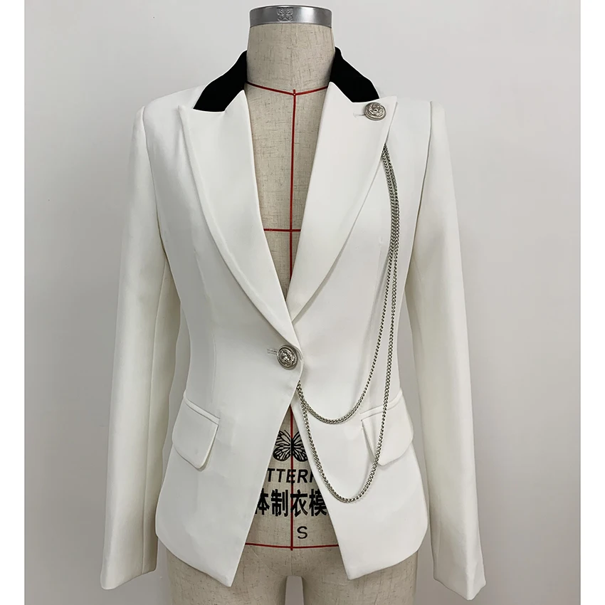 

2019 New Stylish Designer Blazer Jacket for Women Single Button Metal Chain Decoration Color Block Collar Slim Fitting Blazer