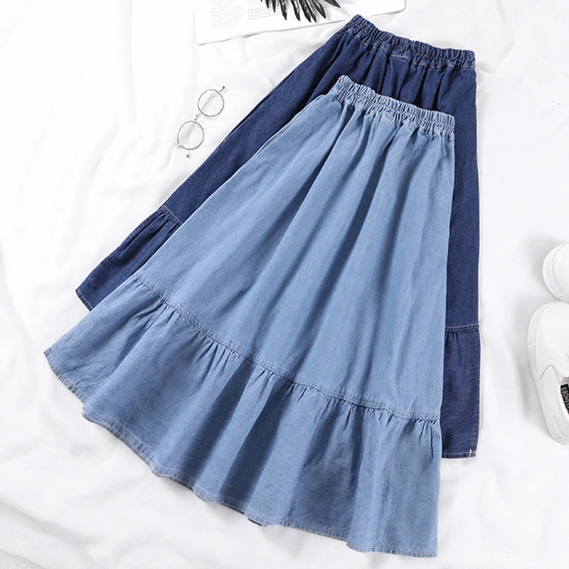 

Summer 2019 Spring Casual Women Solid Color A-Line Denim Skirts Sweet Women High Waist Students Street Skirts Girl Plus Size 3XL