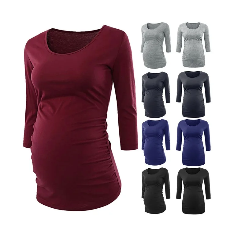 Women Nursing Maternity Clothes Top 3/4 sleeve Side Ruched Tops T Shirt Pregnancy Clothing Pregnant Nursing Top Flattering Tee