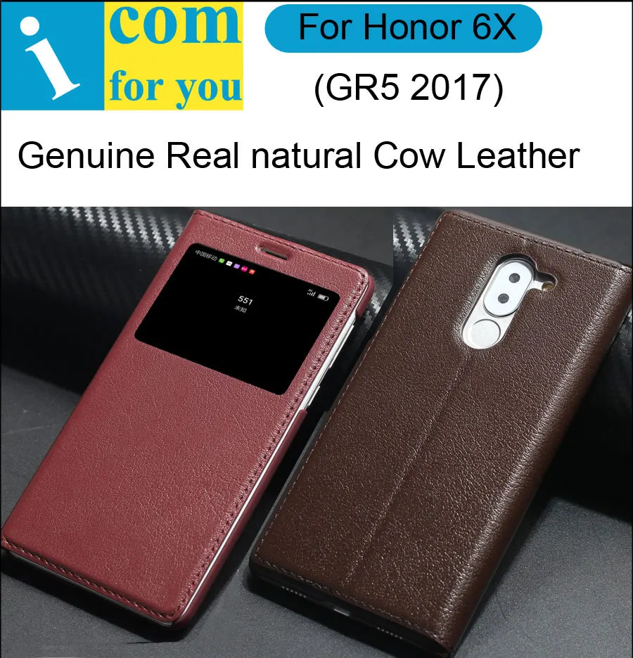 

Genuine Real natural Cow Leather Flip Cover Case For Huawei Honor 6X GR5 2017 Window Book Smart Sleep