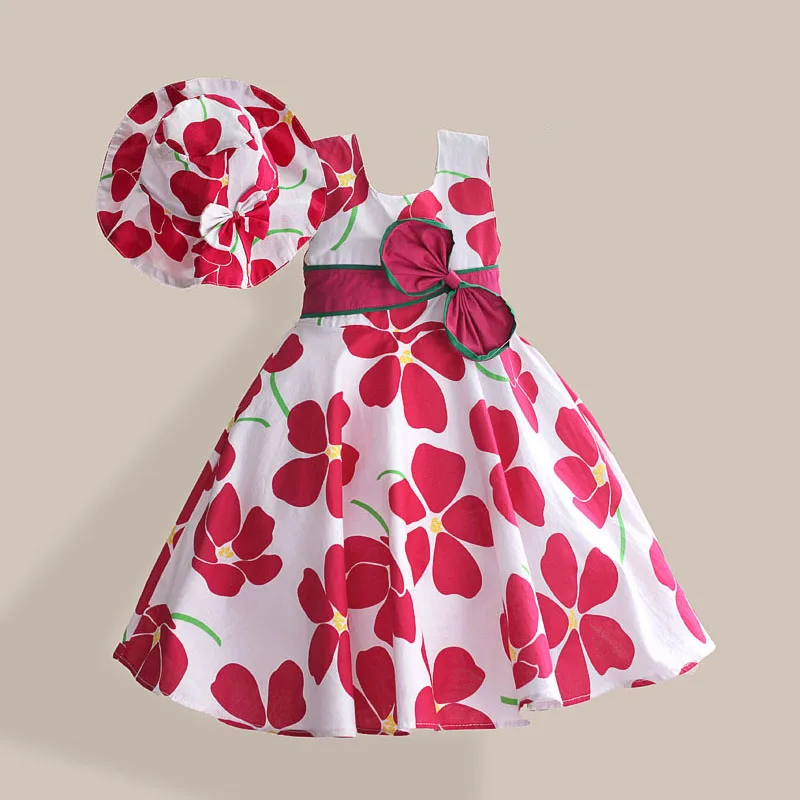 

Spring Floral Print Kids Dress with Cap Cute Bow Tie Sleeveless Cotton Lining Party Wedding Girls Dress Fashion Princess 3-7T