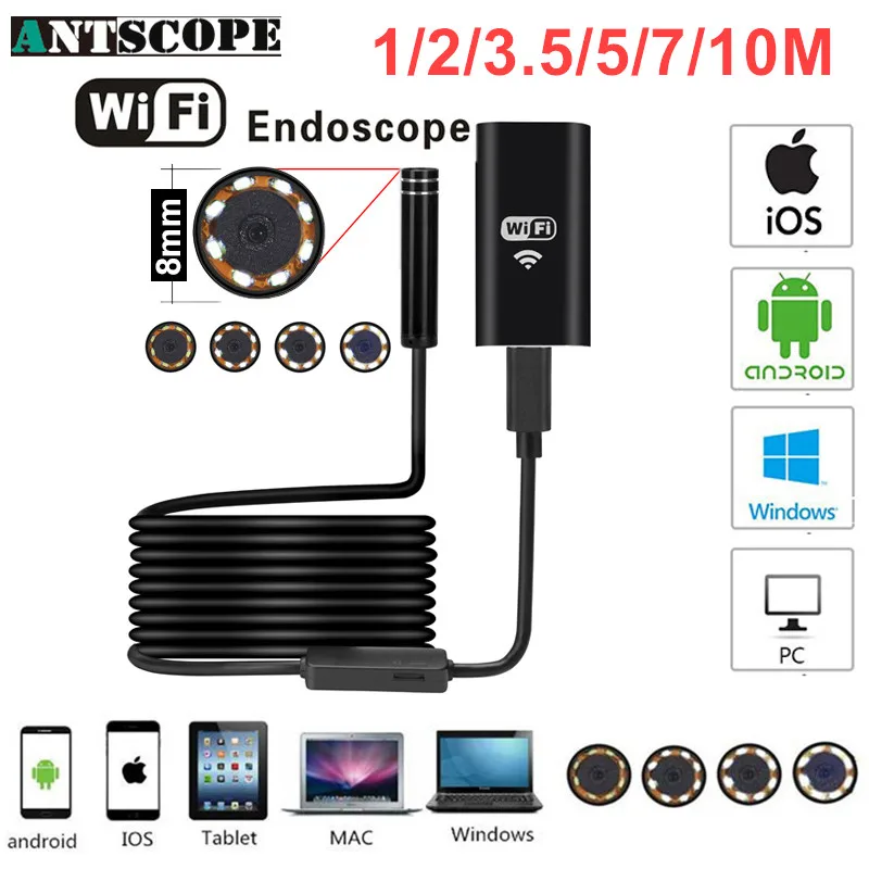 Antscope Wifi Endoscope 8mm 2/5/7/10M Hardwire Endoscopio Android 720P iOS Iphone 7mm Softwire Endoscope Camera USB Endoskop 30