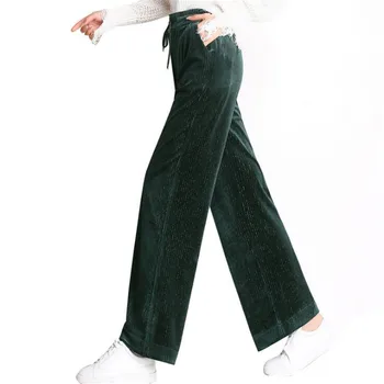 

2019 New Pleuche Velvet Pants Spring Autumn Drawstring High Waist Pleat Wide Leg PantsEasy Straight Elastic Casual Trousers