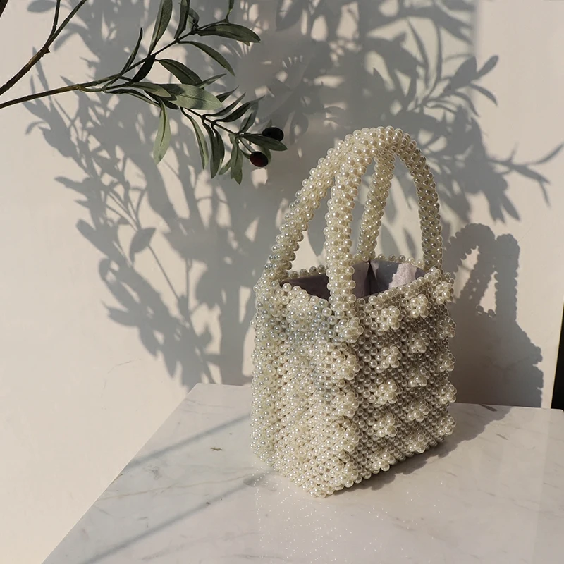 Handmade Pearl Lady Tote Luxury Handbags Small Box Evening Bag Fashion Vintage Female Top-handle Purse Chic ins Box Bag Brand