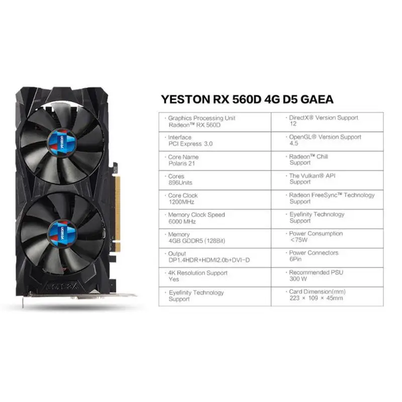 Yeston RX560D-4G видеокарты 128 бит GDDR5 6000 МГц игровой настольный компьютер видеокарты Поддержка DVI-D HDMI DP для AMD