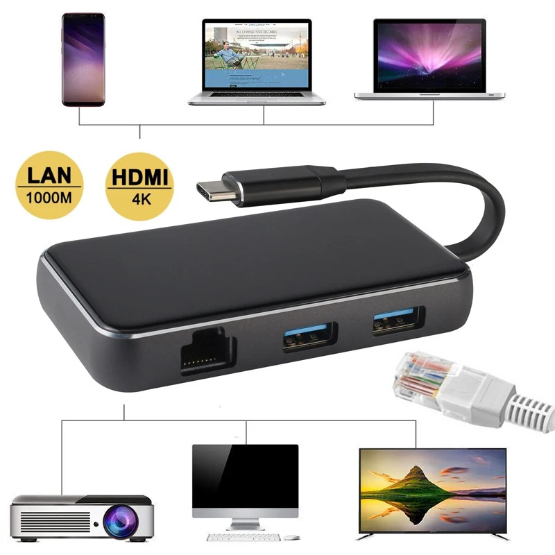 Тип C до 4K HDMI ТВ видео адаптер VGA RJ45 Gigabit Ethernet Lan Карта Кабель USB 3,0 для Macbook samsung S8 S9 для huawei P20 Pro