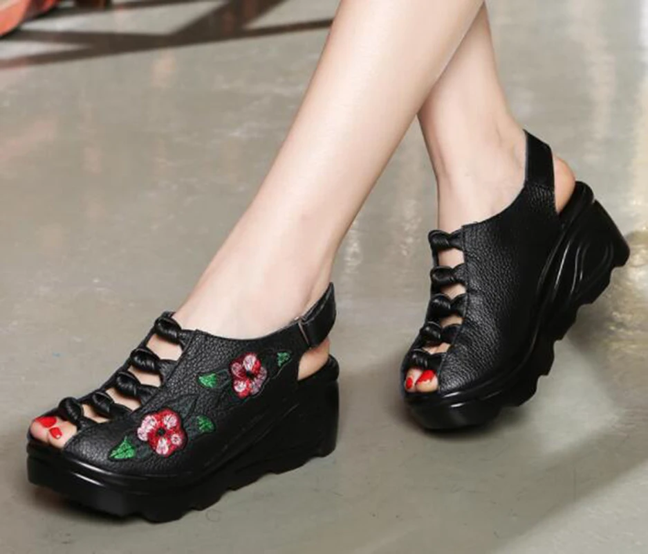 

Ethnic Style Leather Sandals Thick Bottom Wedges Comfortable Hollow Breathable Vintage Cowhide Women's Shoes