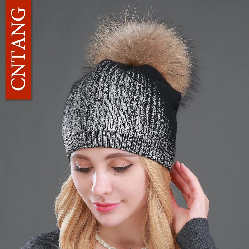 Comprar 2018 nuevos gorros de invierno para mujer, gorros de lana tejidos a la moda, gorras de piel de mapache Real, gorras de piel para mujer, gorras de piel estampadas