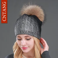 2024 New Winter Beanies Ladies Knitted Wool Warm Hats Fashion Pom Pom Real Raccoon Fur Caps Skullies Hat For Women Print Fur Cap 2