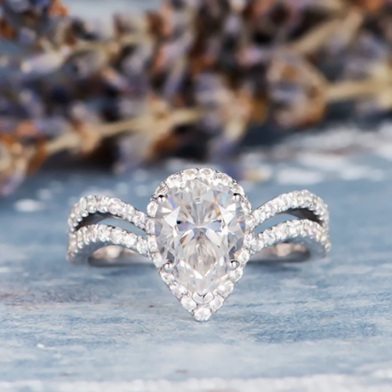 

Unique Pear Shaped AAA Zircon Engagement Ring Women Antique Wedding Split Shank Art Deco Silver Color Halo Anniversary Gift