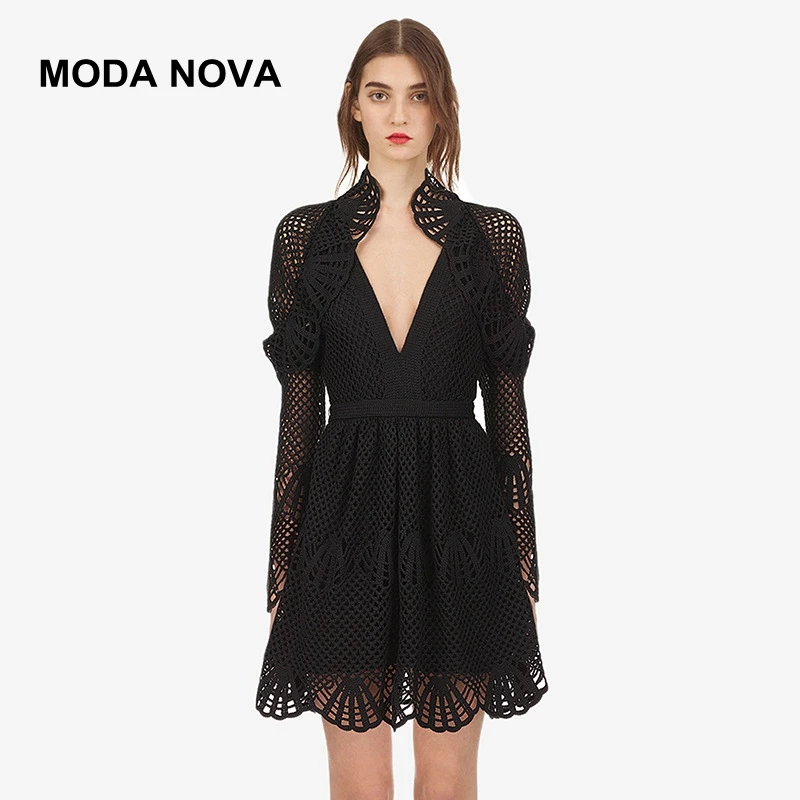 MODA NOVA Self Portrait Runway Dress Women Sexy V Neck Ruffles Long Sleeve Black Lace Mini Party 2108 Autumn Clothes | Женская одежда