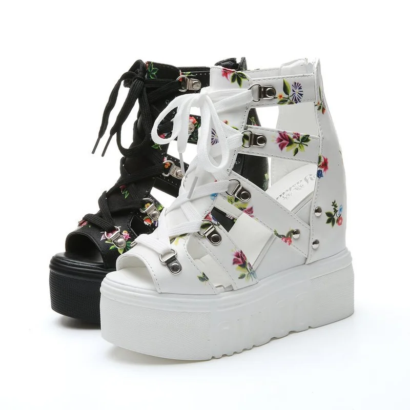 

2019 Summer Ladies Sandals New Rome High-heeled Color Cross Straps Women's Shoes 12cm Super High Heel Wedge Fish Mouth Sandals