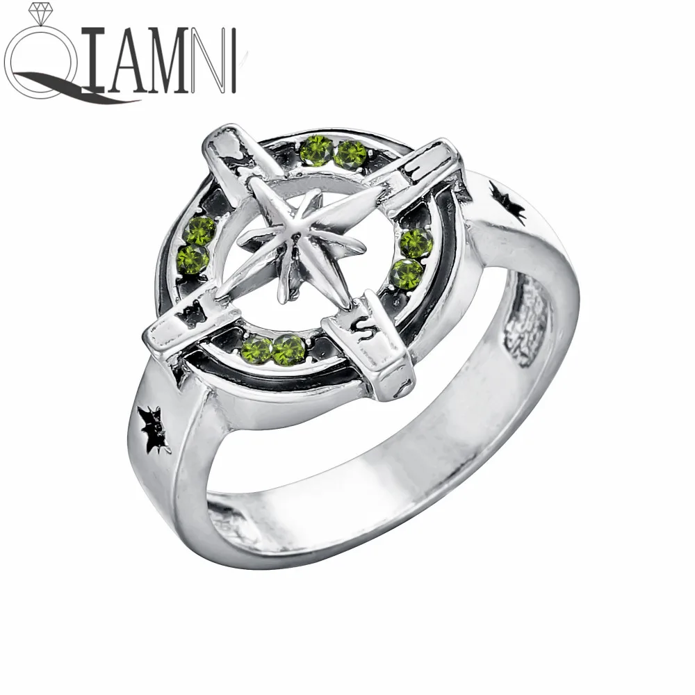

QIAMNI Handmade Green Zircon Nautical Compass Finger Ring Vintage Hiphop Charm Party Jewelry Gift Men Women Bague Anel