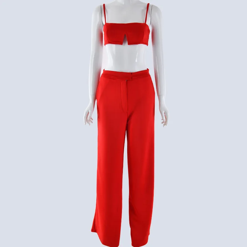 Женские комплекты из двух предметов, летние короткие топы и длинные штаны, повседневные одинаковые комплекты без рукавов, женская сексуальная клубная одежда, облегающий комплект - Цвет: Red