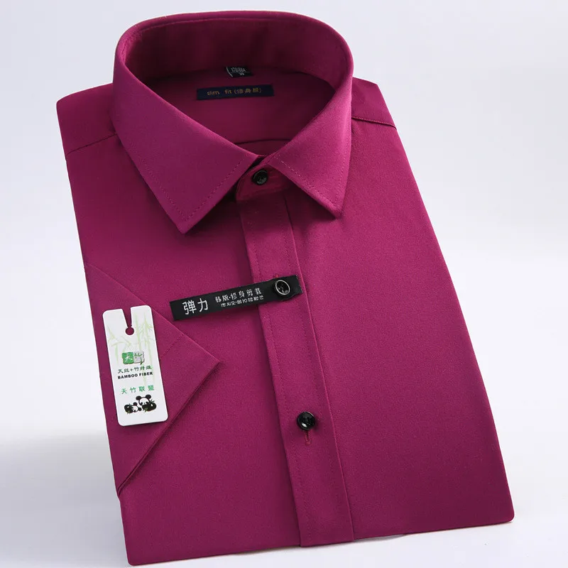 Hot summer new silky stretch cotton square collar men's short-sleeved shirt Slim-free solid color business QC087 | Мужская одежда