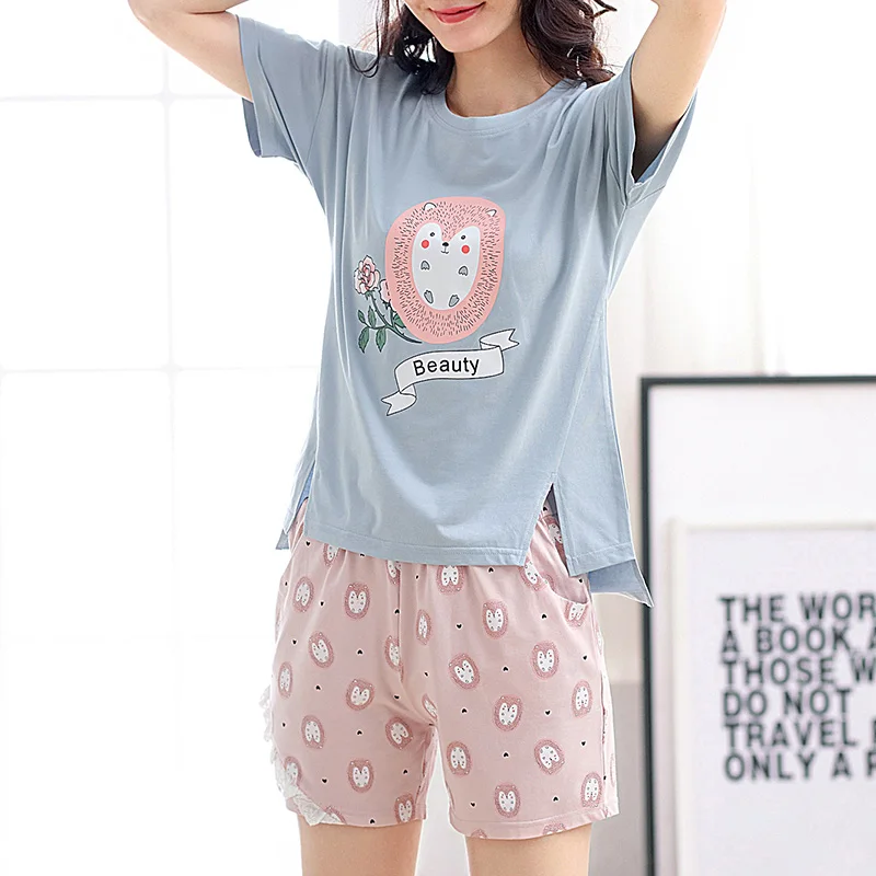 Wholesale Pajamas Sets Summer Thin Carton Hedgehog Flower Print Women