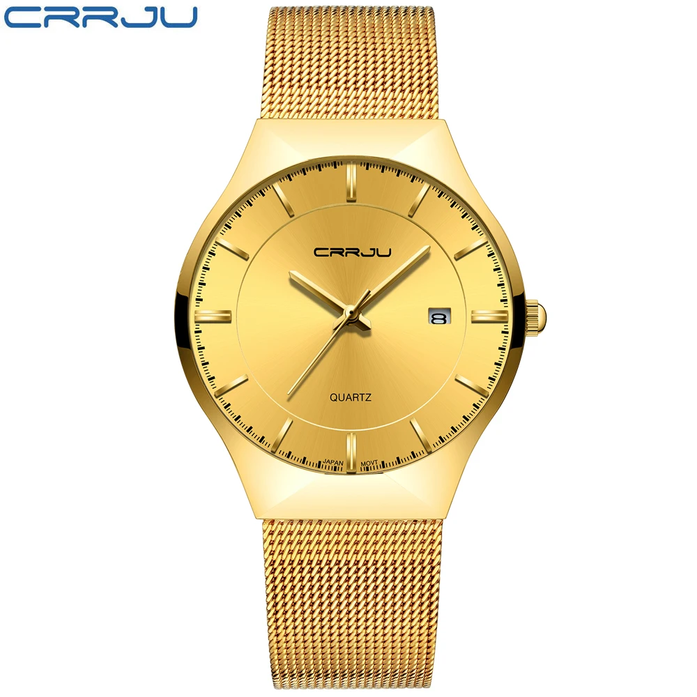 

CRRJU Brand Men's Simple Stylish Business slim Analog Quartz Watch,Date Black Dial Wrist Watch with Mesh bracelet strap for Male