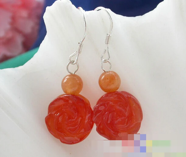 

FREE SHIPPING>>> free shipping 12250 nature red agate Hand-carved flower dangle earring