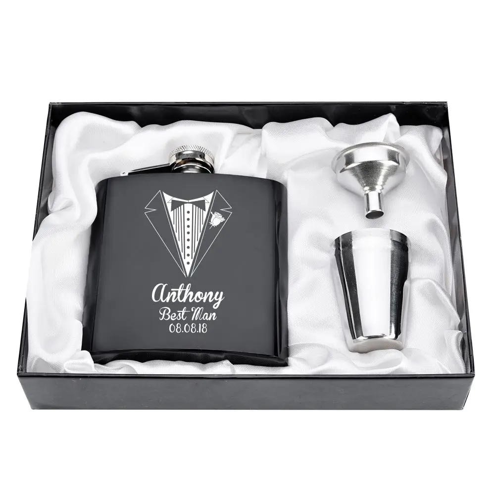 1 Set Personalized Engraved 6oz Hip Flask Stainless Steel With White & Black Box Birthday Valentine's Day Gift Wedding Favors