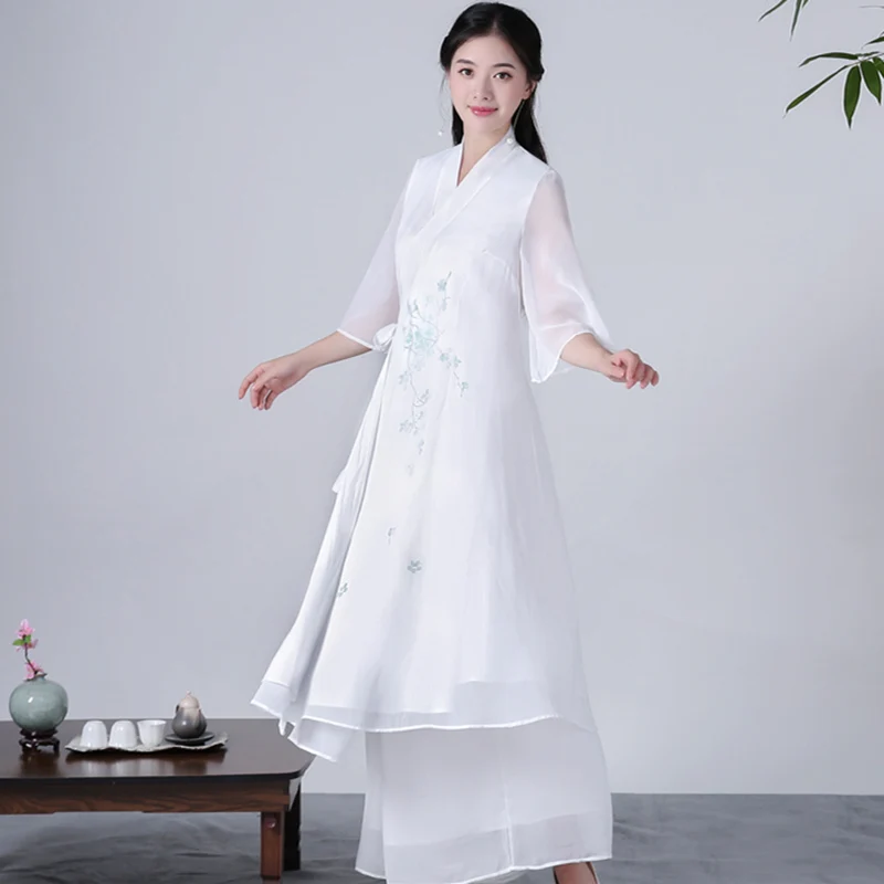 Весенне осеннее платье Hanfu с поясом женское хлопковое льняное шифоновое