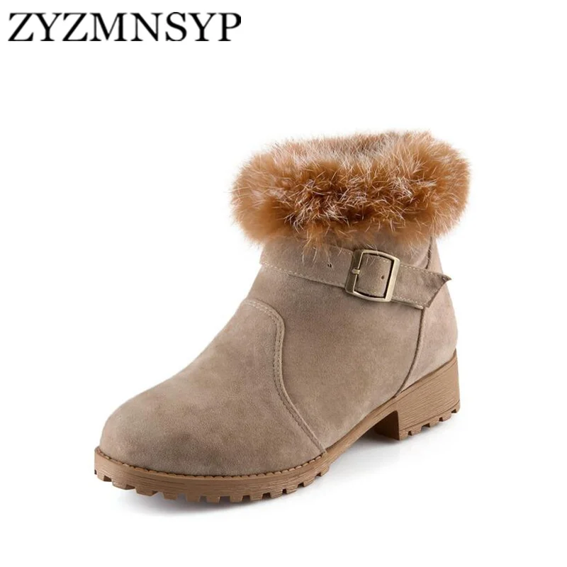 

ZYZMNSYP womens mid calf snow boots Flock Black beige yellow metal buckle women woman Winter fashion plush ladies platform shoes