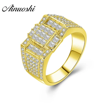 

AINUOSHI 14K Solid Yellow Gold Men Ring Shinning CZ Cluster Ring Male Wedding Engagement Gold Jewelry Wide Wedding Male Band
