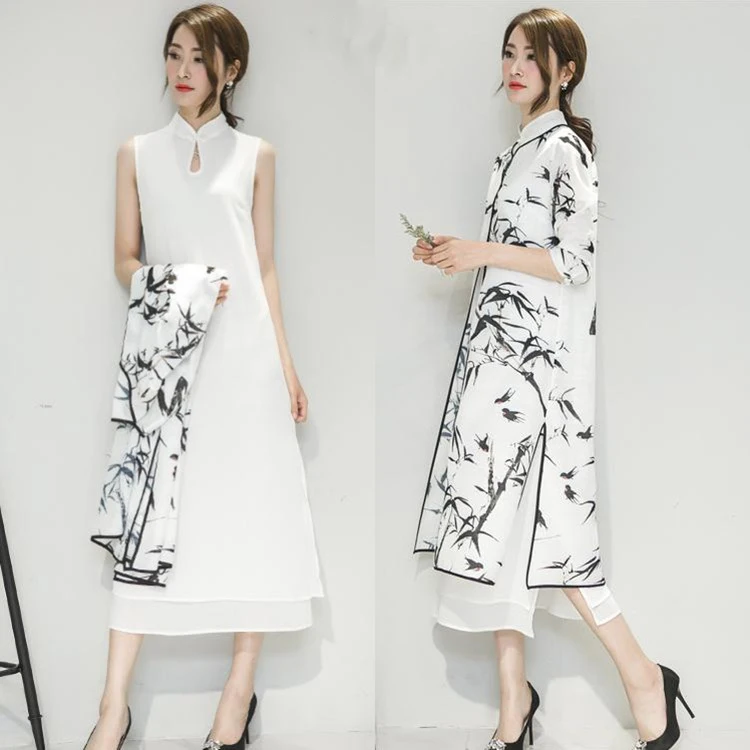 Женское атласное вечернее платье cheongsam, китайское восточное платье Ципао, традиционное китайское ретро платье с рисунком чернил - Цвет: color1