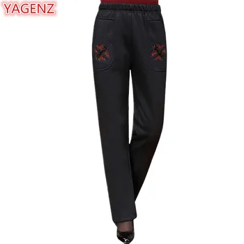 

YAGENZ Casual Middle-aged Women Cotton Trousers Large size Autumn Flocking Winter Long Pants Warm Fashion Embroidery pattern 783