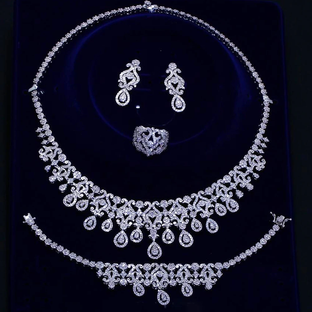 

Beautiful wedding Luxury big 4pcs jewelry set Necklace+Earrings+Bracelet+Ring silver plate water drop large bridal jewelry sets