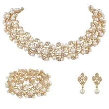 BELLA Dorado Hoja Collar Pendientes Pulsera de La Joyería de La Boda de Marfil de Imitación Perlas de Cristal Austriaco Joyería Nupcial Conjunto