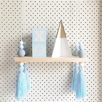 

Baby Nordic Original Wooden Beads Wall Decorative Shelves With Pearl And Tassel Nursery Baby Room Clothes Organization Hooks