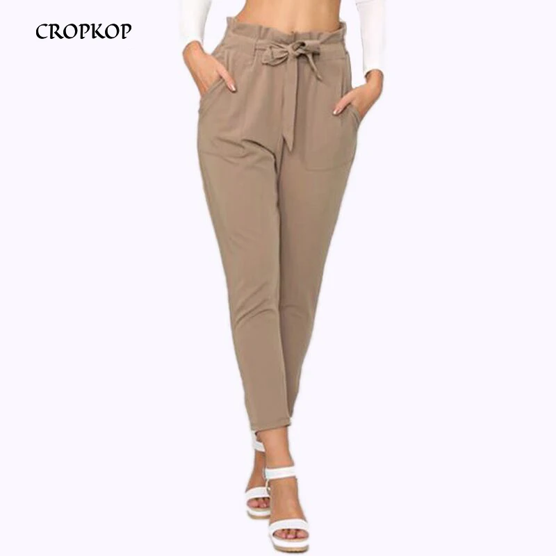 

CROPKOP Women High Waist Harem Pants Bow Tie Drawstring Elastic Waist Pockets Casual Pleated Trousers Pantacourt Pantalon Femme