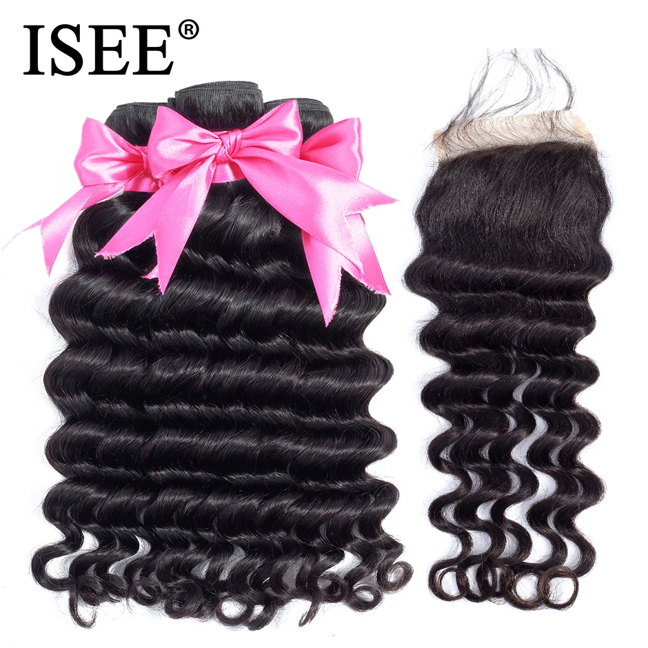 

Loose Deep Bundles With Closure 100% Remy Human Hair Bundles With Closure ISEE HAIR 3 Bundles Peruvian Hair With Closure