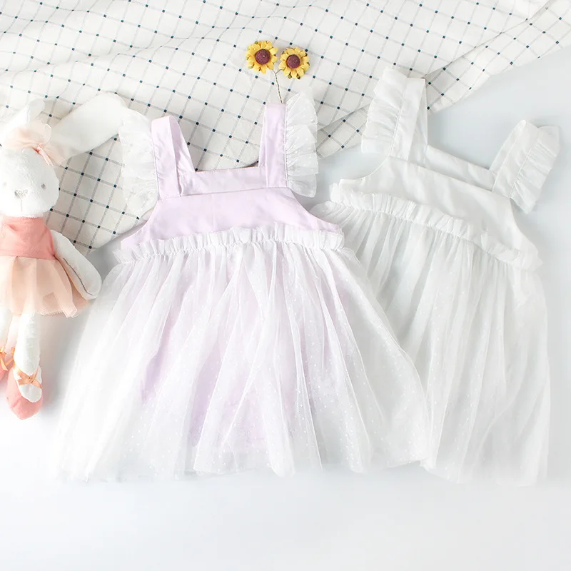 

2019 Summer Baby Girl Clothes Cotton Lace Mesh Newborn Bodysuit Dress White Sleeveless Strap Infant Girl Jumpsuit Clothing 0-18M