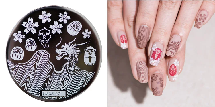 

New Stamping Plate hehe71 Japan Tumbler Sakura Gragon Nail Art Stamp Template Image Transfer Stamp
