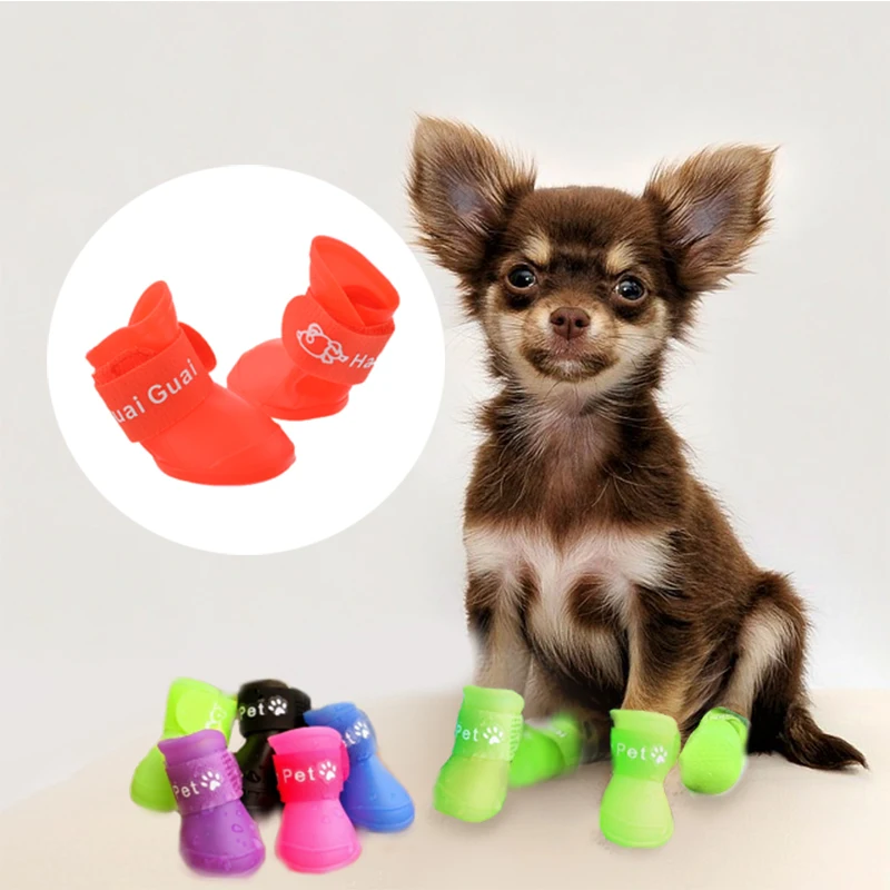 

IVYSHION Fashion Pet Dog Rain Boots PU Waterproof Little Dog Shoes Soft Comfortable Multicolor Pet Supplies 1Set/4PCs