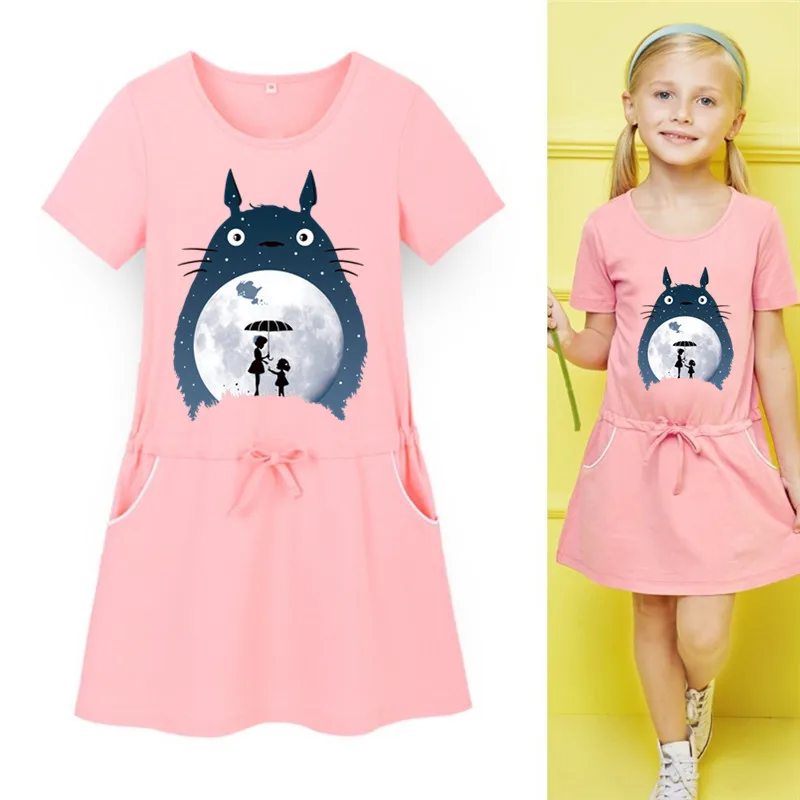 

New Kawaii Cartoon Totoro Kids 3D Print Dress Girls Cotton O Neck Short Sleeve Funny Brand Anime T-Shirt Dress with Pocket
