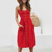 Summer Dress Women Sexy Spaghetti Strap Button Dress Sleeveless Cotton Casual Sun Dress button front sleeveless dress