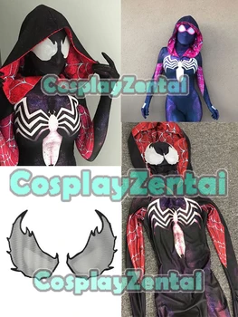 

Spidergirl Gwenom Cosplay Costume Hooded Zentai Venom Symbiote Spider Gwen Stacy 3D Print Halloween Costumes for woman