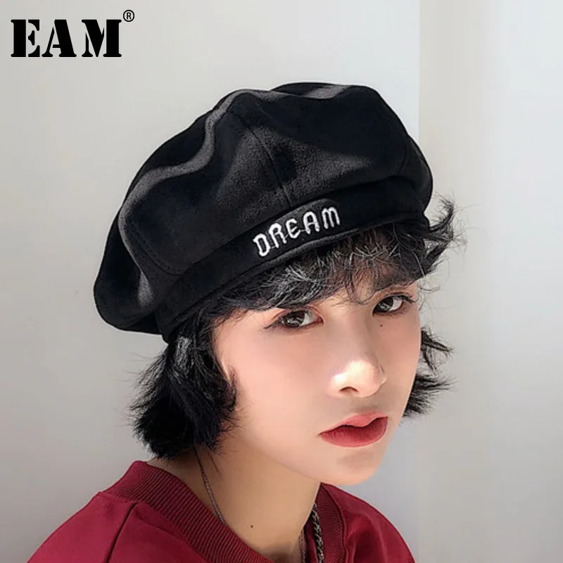 

[EAM] 2019 Spring Summer Woman Black Temperament Six Colors Spliced Letter Embroidery Suede Beret Hat All-match LD0380