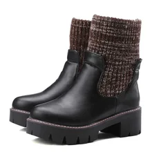 Hot Sale 2016 Winter Warm Comfortable Black Short Boots Women Boots Thick Bottom Woolen and PU Leather Boots