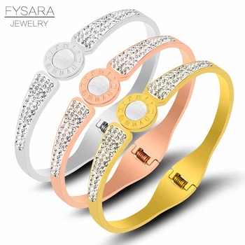 

FYSARA Brand Luxury White Shell Jewelry Roman Numeral Cuff Bracelet & Bangle For Women Paved Mirco CZ Stone Crystals Bangle