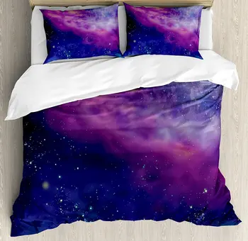 

Outer Space Decor Duvet Cover Set Spiritual Dim Star Clusters Milky Circle Back with Solar System Elements Bedding Set Purple