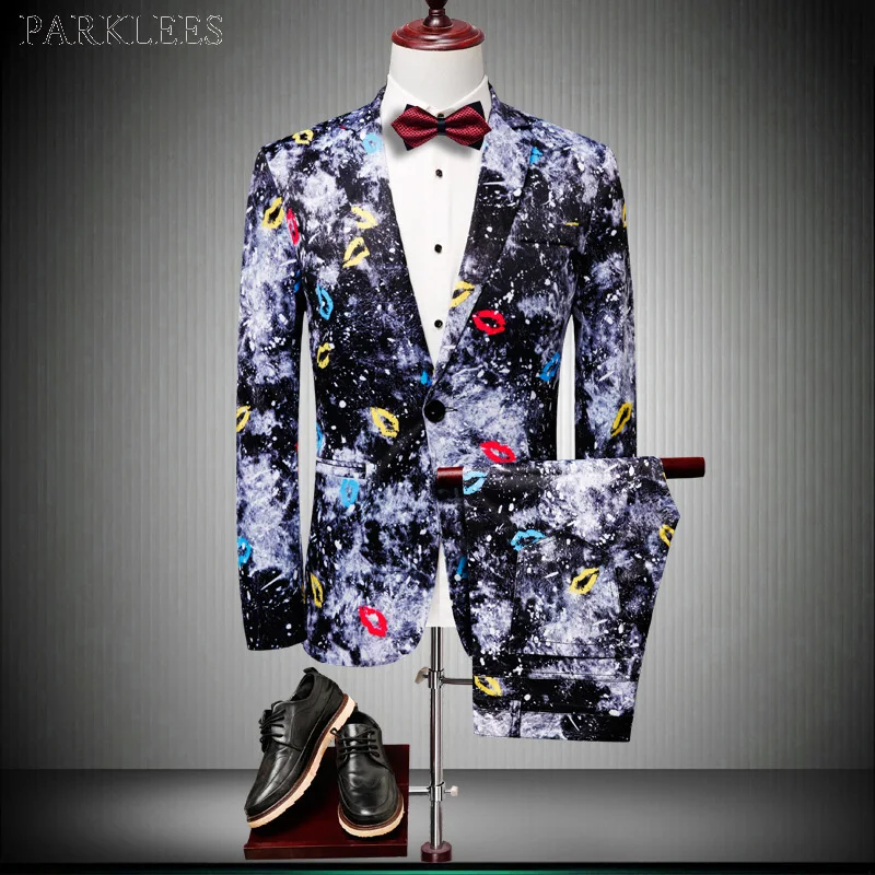 

Lips Print 2 Pieces Suit (Jacket+Pants) Men 2019 Elegant Wedding Suits for Men Costume Homme Mariage Party Banquet Tuxedo Suit