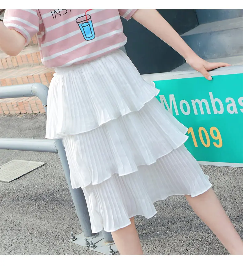 Длинная шифоновая юбка для девочек-подростков; белая шифоновая плиссированная юбка для маленьких девочек; элегантная одежда; От 4 до 14 лет